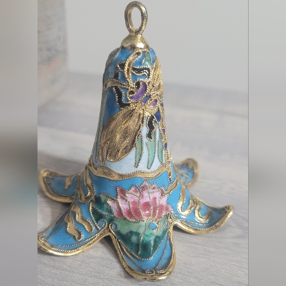 Vintage Brass and Enamel Floral Dragonfly Ornament Bell